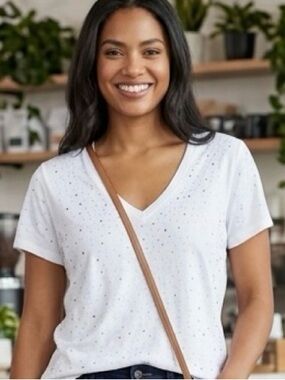 DKNY White V-Neck Short Sleeve Tee with Crystal Accents NWOT